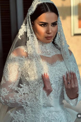 Vintage White Mermaid High-Neck Sequined Long Sleeve Panel Train Lace Wedding Dresses With Appliques